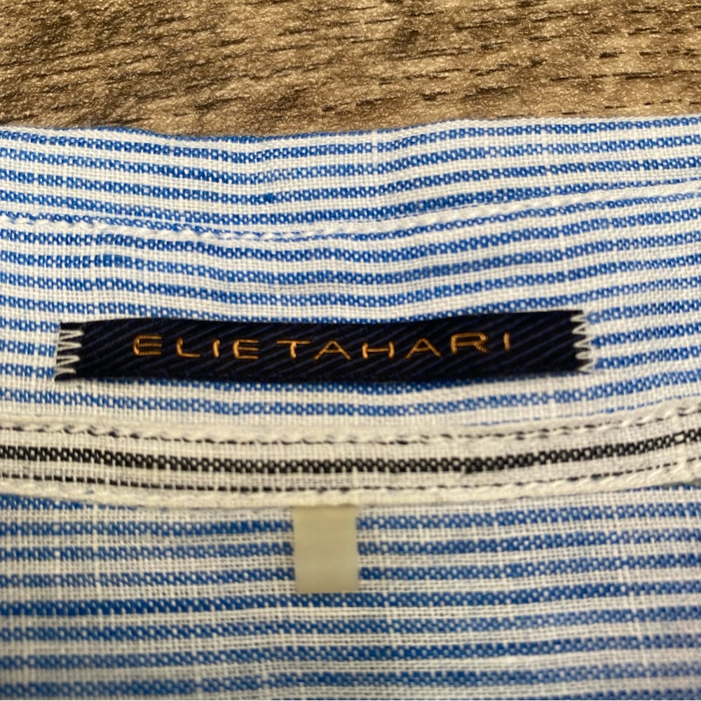 Elie Tahari Linen Pinstriped Button Up Shirt With Pockets - Picture 12 of 16
